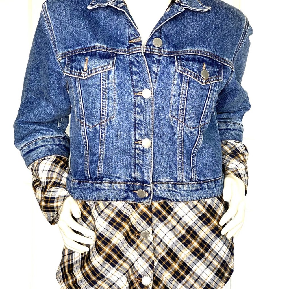 MAJE 'BERGAMO' CHECKED BLUE DENIM COTTON QUILTED LINING JACKET SIZE: M
